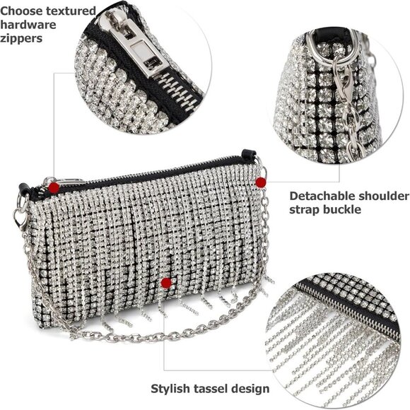 Women Sparkly Rhinestone Purse Tassel Crystal Diamond Crossbody Bag Silver Chain - Picture 6 of 6